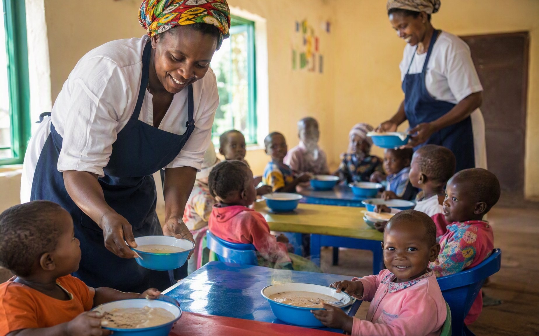 Caregivers serving nutritious meals to children at the center